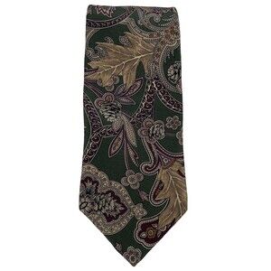 Henry Grethel Italian Silk Neck Tie Hunter Green Floral Leaves Wedding Classic